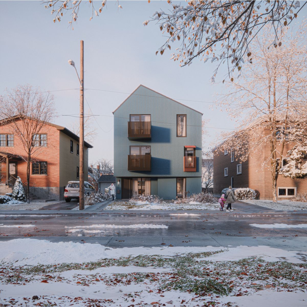 A 3D rendering of a sixplex home with a blue metal facade in a snow covered neighbourhood. 